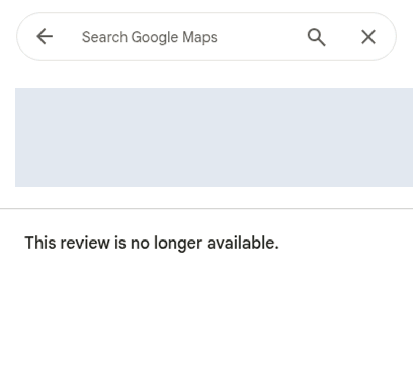 The same Google Maps review link four days later reading This review is no longer available